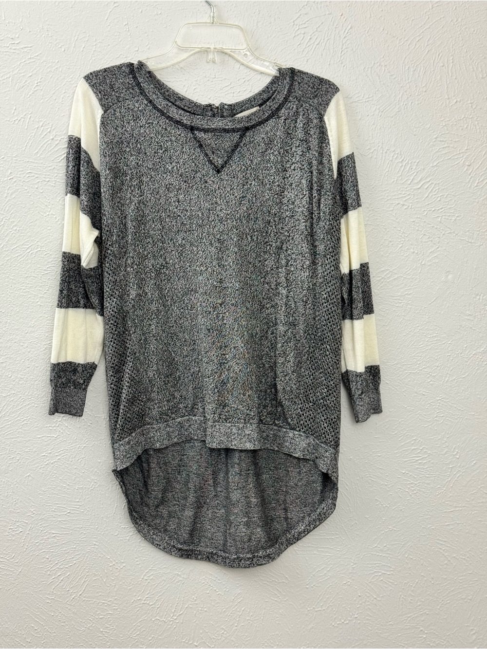 Altar'd State Gray Body with Ivory & Gray Striped Sleeves Scoop Neck Sweater